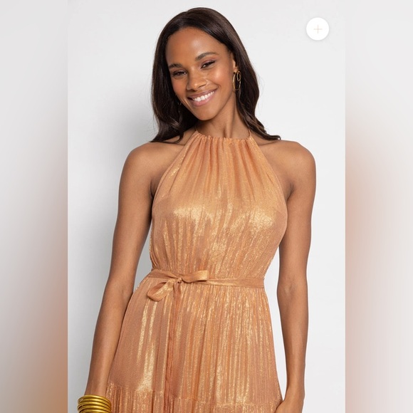 NWT Sundress Sophie Revolve Shiny Metallic Halter Maxi Resort DRESS in SAND Gold - Picture 2 of 14